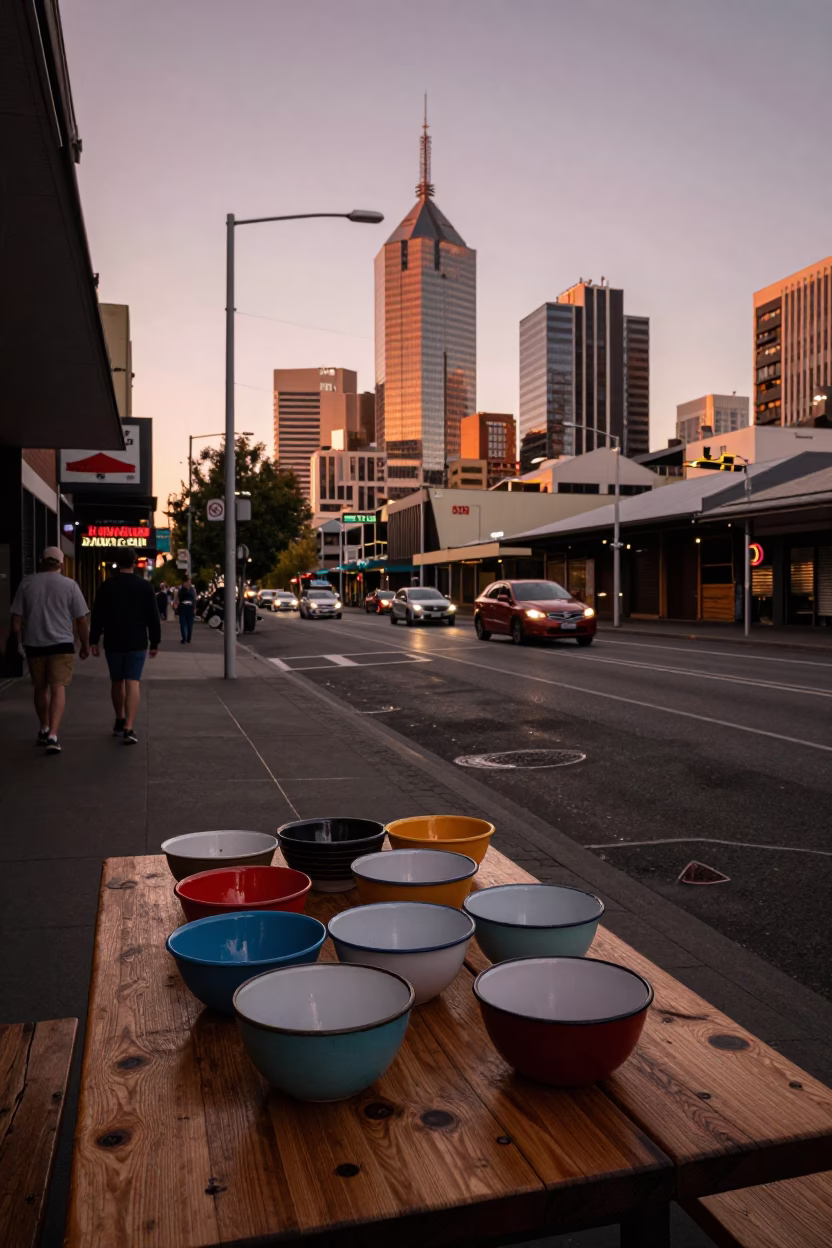 Copper Toned Dusk Light on Melbourne Street Scene with Enamel Bowls and Glass Bench in in Melbourne, Victoria, Australia