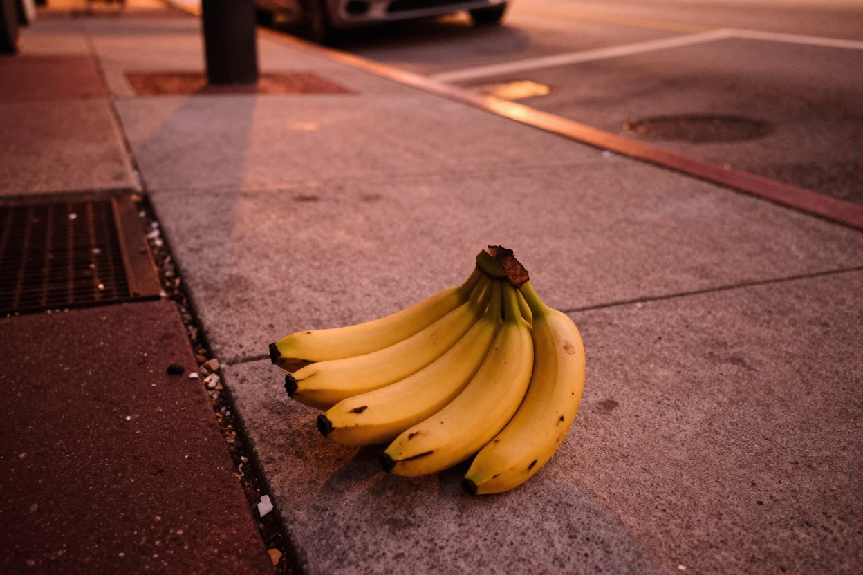 Copper-toned dusk light on Miami Florida sidewalk with bananas and grease sheen in in Miami, Florida, United States