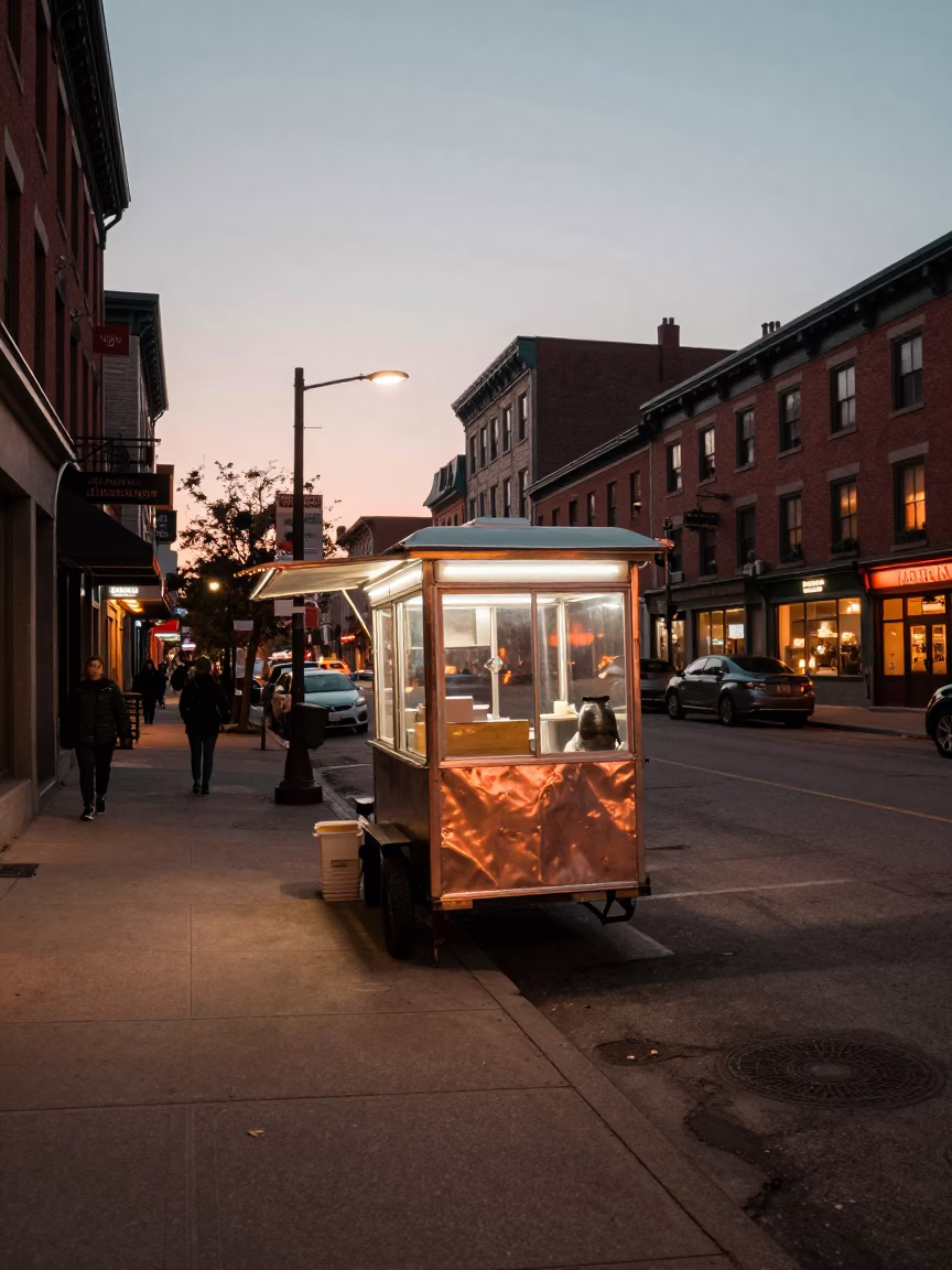 Copper-toned dusk light on Montreal street corner with local vendor in in Montreal, Quebec, Canada