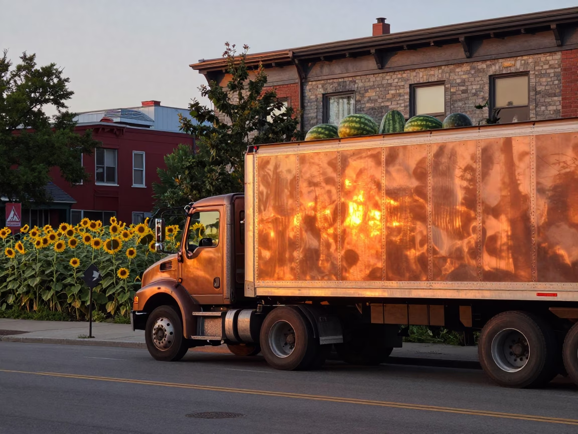 Copper-toned dusk light on Montreal street with sunflower field and paramotor in in Montreal, Quebec, Canada