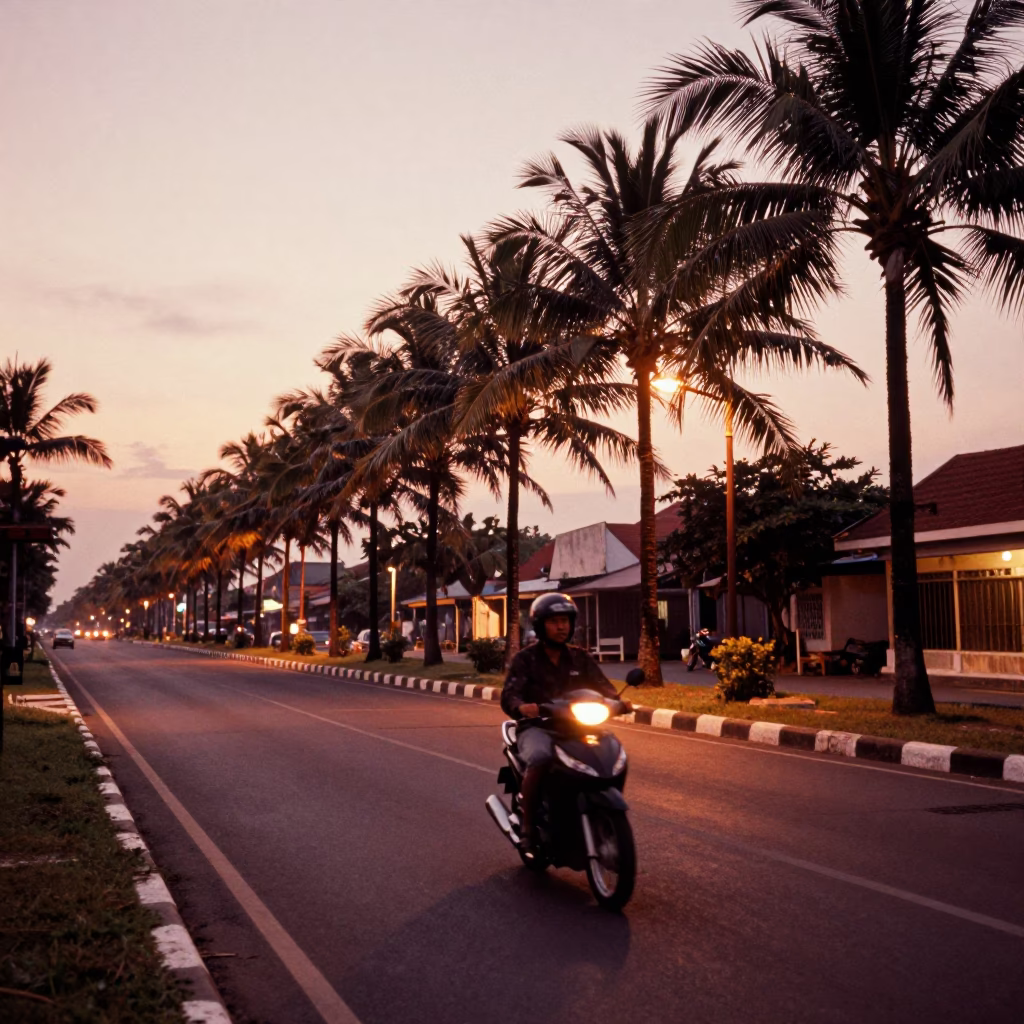 Copper-toned dusk light on palm tree avenue boulevard in Denpasar Indonesia street scene in in Denpasar, Indonesia