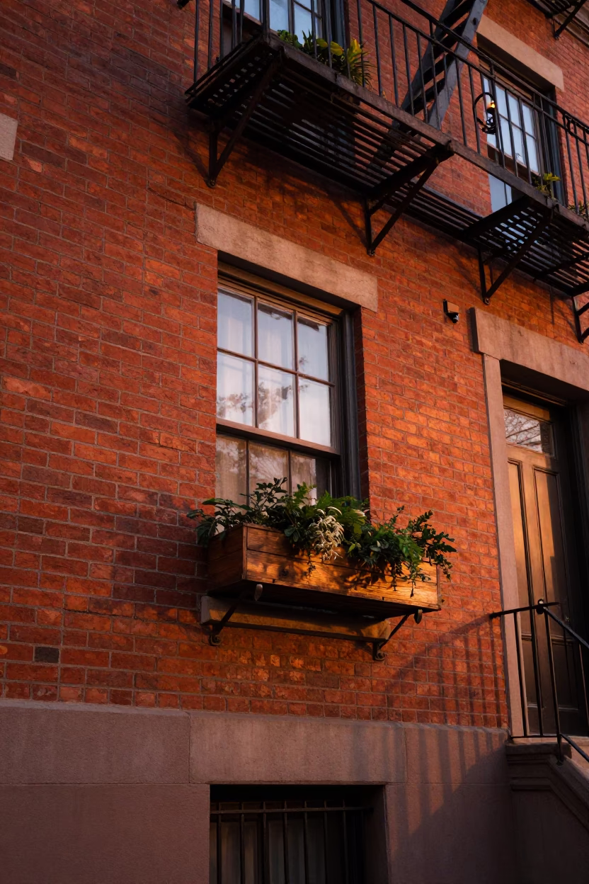 Copper-toned dusk light on Philadelphia brick rowhome with window box flowers in in Philadelphia, Pennsylvania, United States