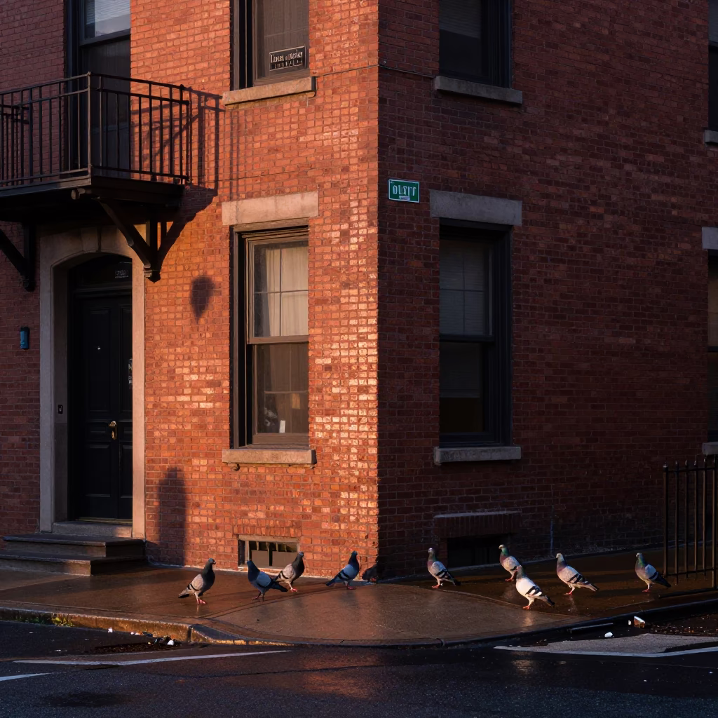 Copper Toned Dusk Light on Philadelphia Street Corner with Pigeons and Urban Details in in Philadelphia, Pennsylvania, United States