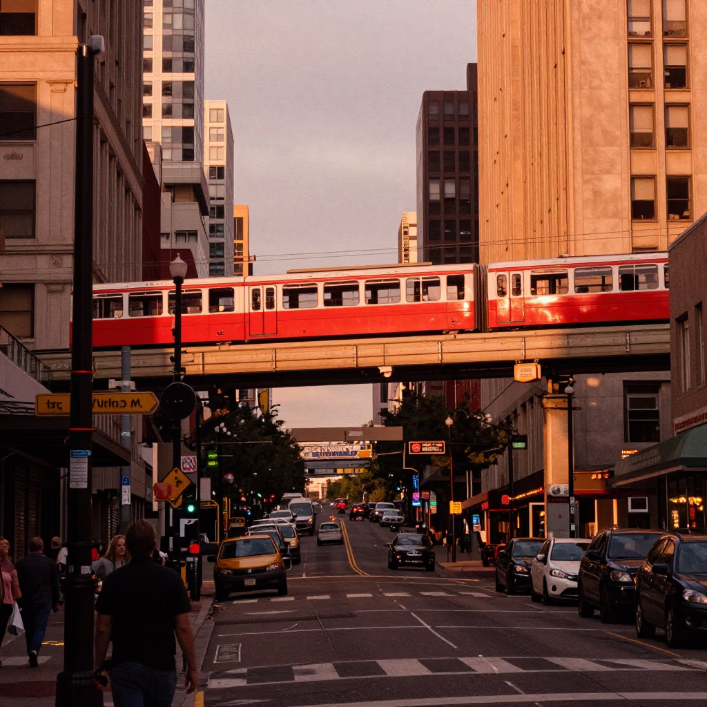 Copper-toned dusk light on Portland Oregon street with monorail and ferry dock in in Portland, Oregon, United States
