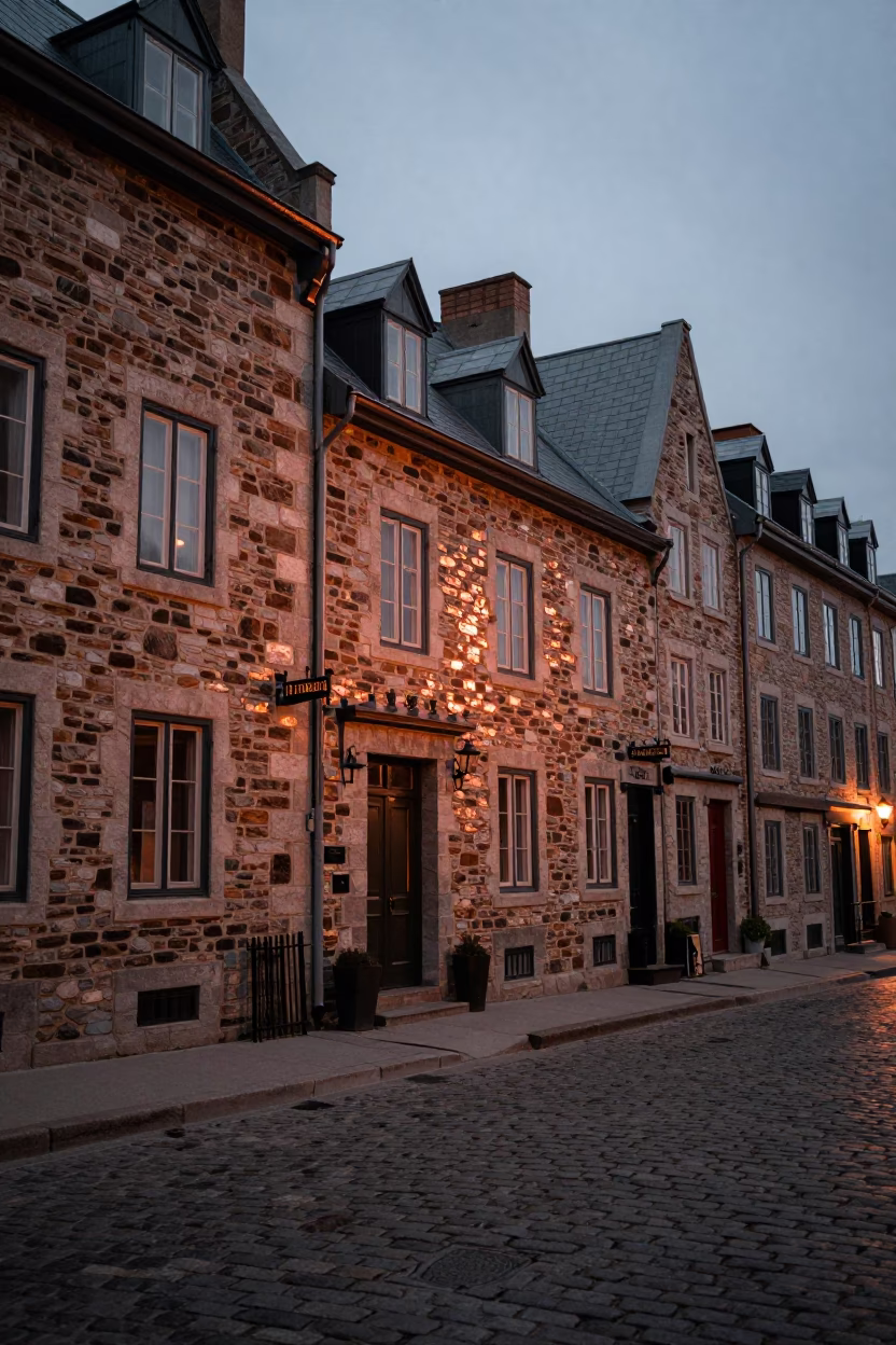 Copper-Toned Dusk Light on Quebec City Stone Facades and Cobblestone Street Scene in in Quebec City, Quebec, Canada