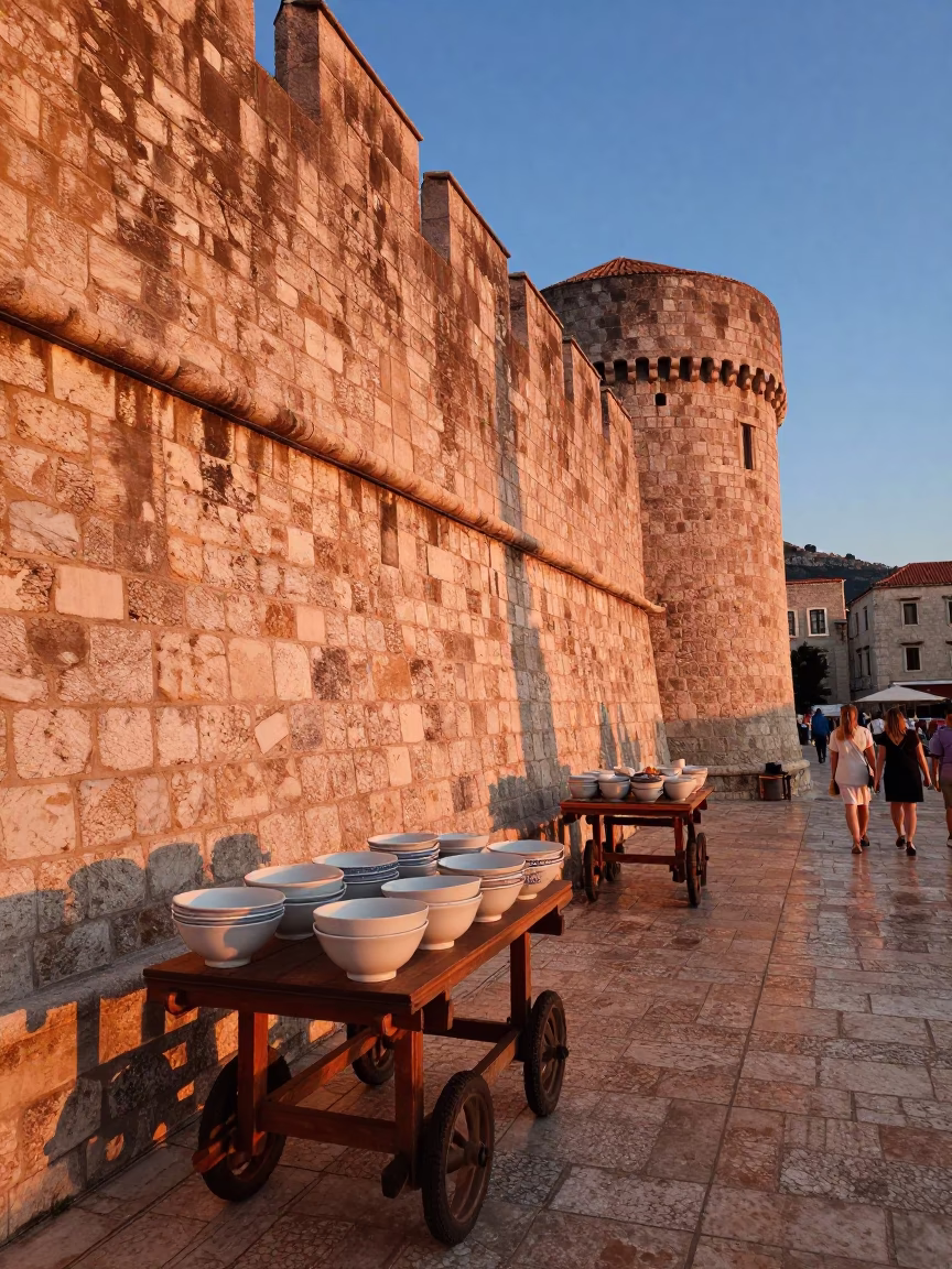 Copper-toned Dusk Light on Stone Walls and Porcelain in Dubrovnik Croatia in in Dubrovnik, Croatia