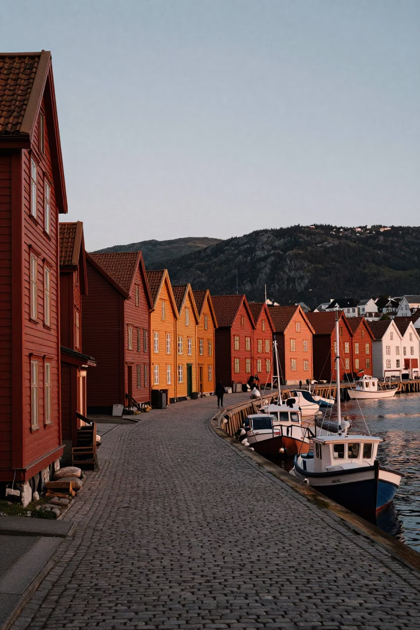 Copper-toned Dusk Light on Traditional Bergen Wharf Houses and Harbor Scene in in Bergen, Norway