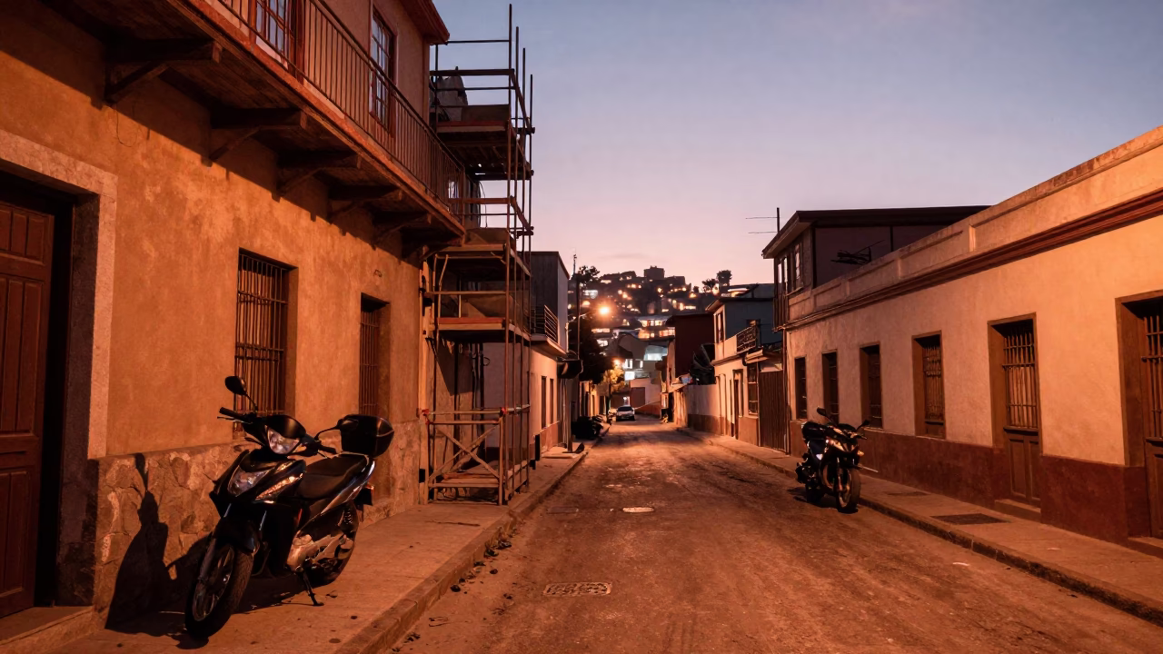 Copper-Toned Dusk Light on Valparaiso Street with Motorcycle and Scaffolding Details in in Valparaiso, Chile