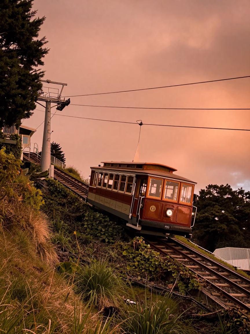 Copper-toned dusk light on Wellington Cable Car ascending vine-covered hill with pigeons in in Wellington, New Zealand