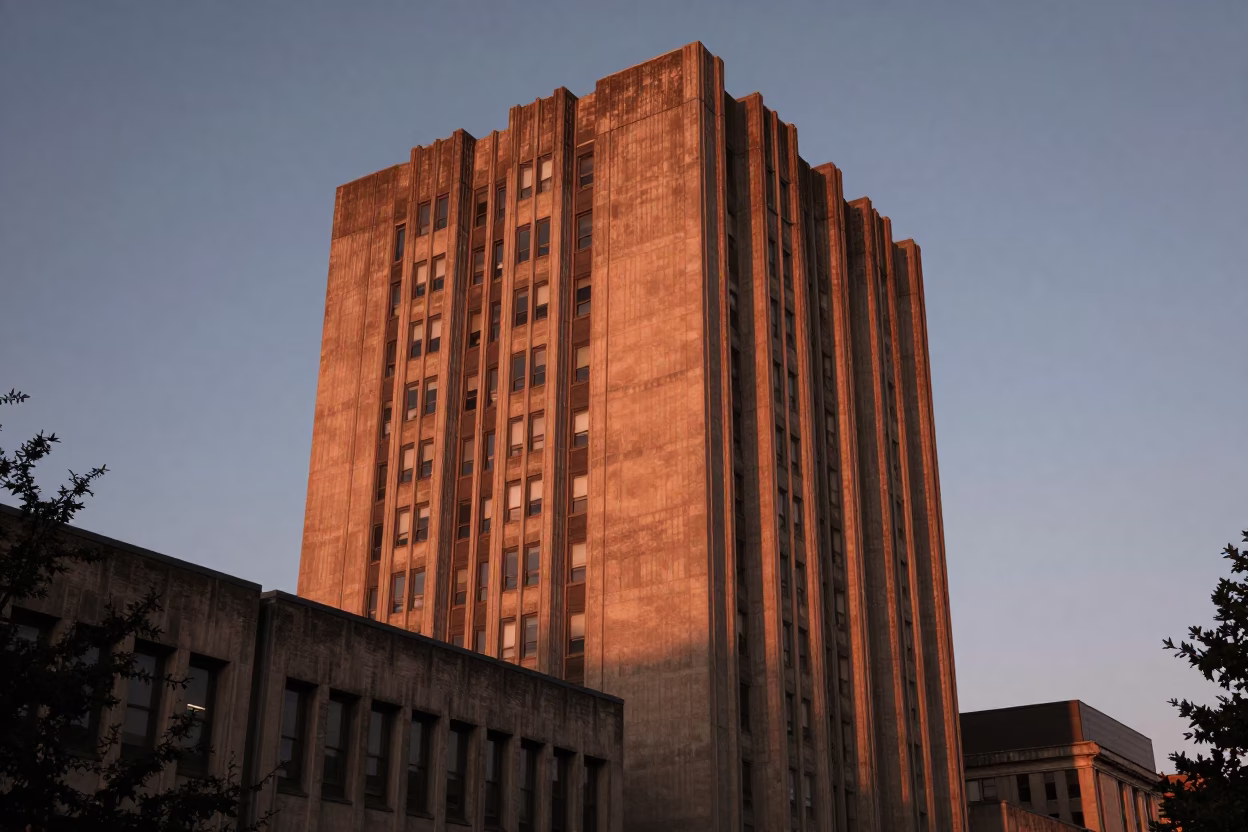 Copper-toned dusk light over brutalist concrete university tower in Portland Oregon in in Portland, Oregon, United States