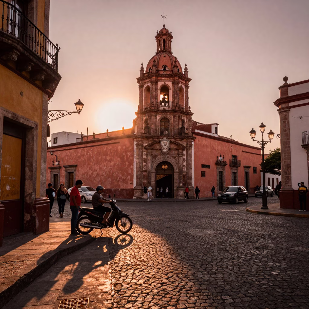 Copper-toned Dusk Light Over Guadalajara Mexico Street Scene with Local Commerce in in Guadalajara, Mexico