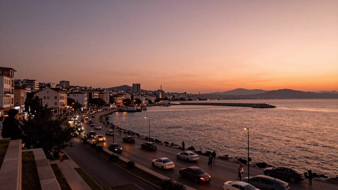 Copper-toned Dusk Light Over Izmir Bay and Busy Coastal Street Scene in in Izmir, Turkey