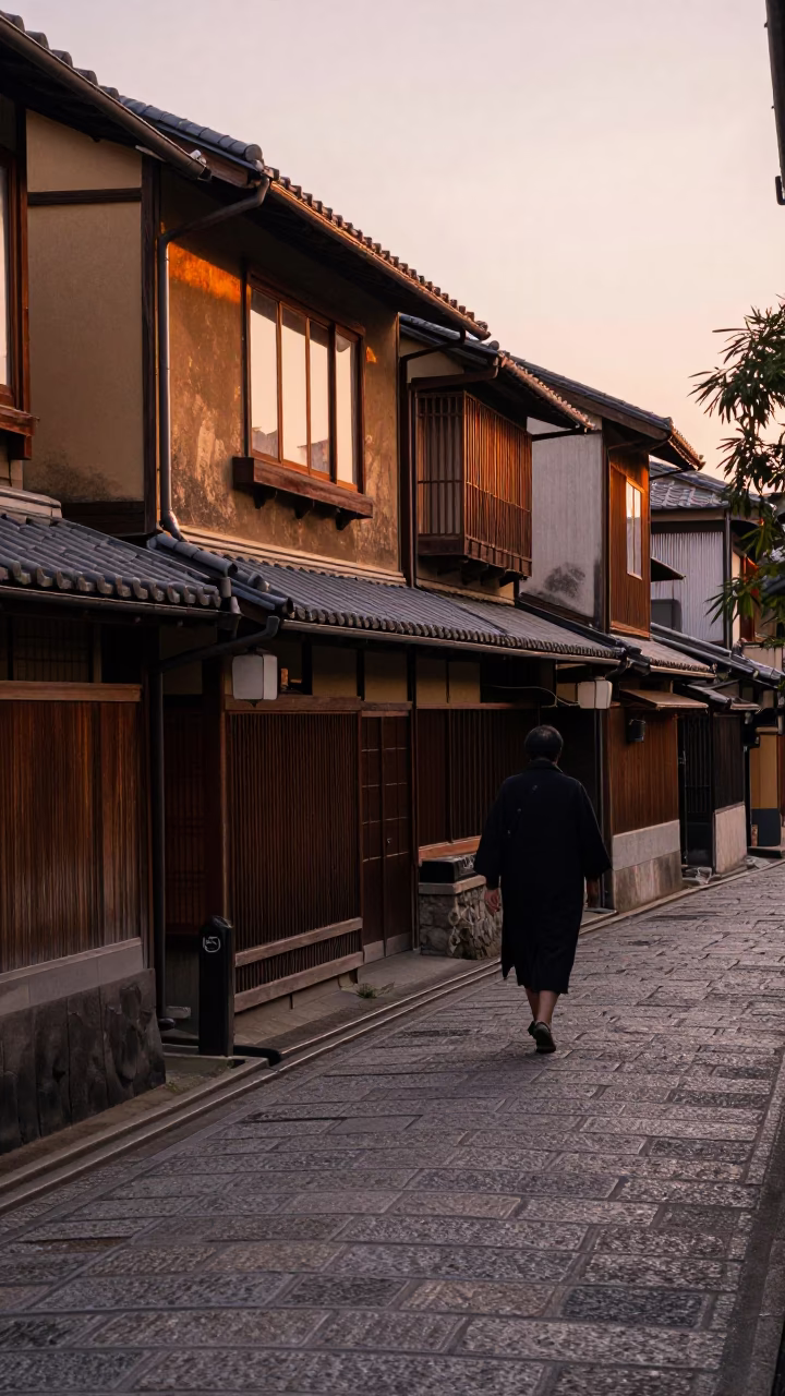 Copper-toned dusk light over Kyoto stone streets and traditional wooden architecture in in Kyoto, Japan
