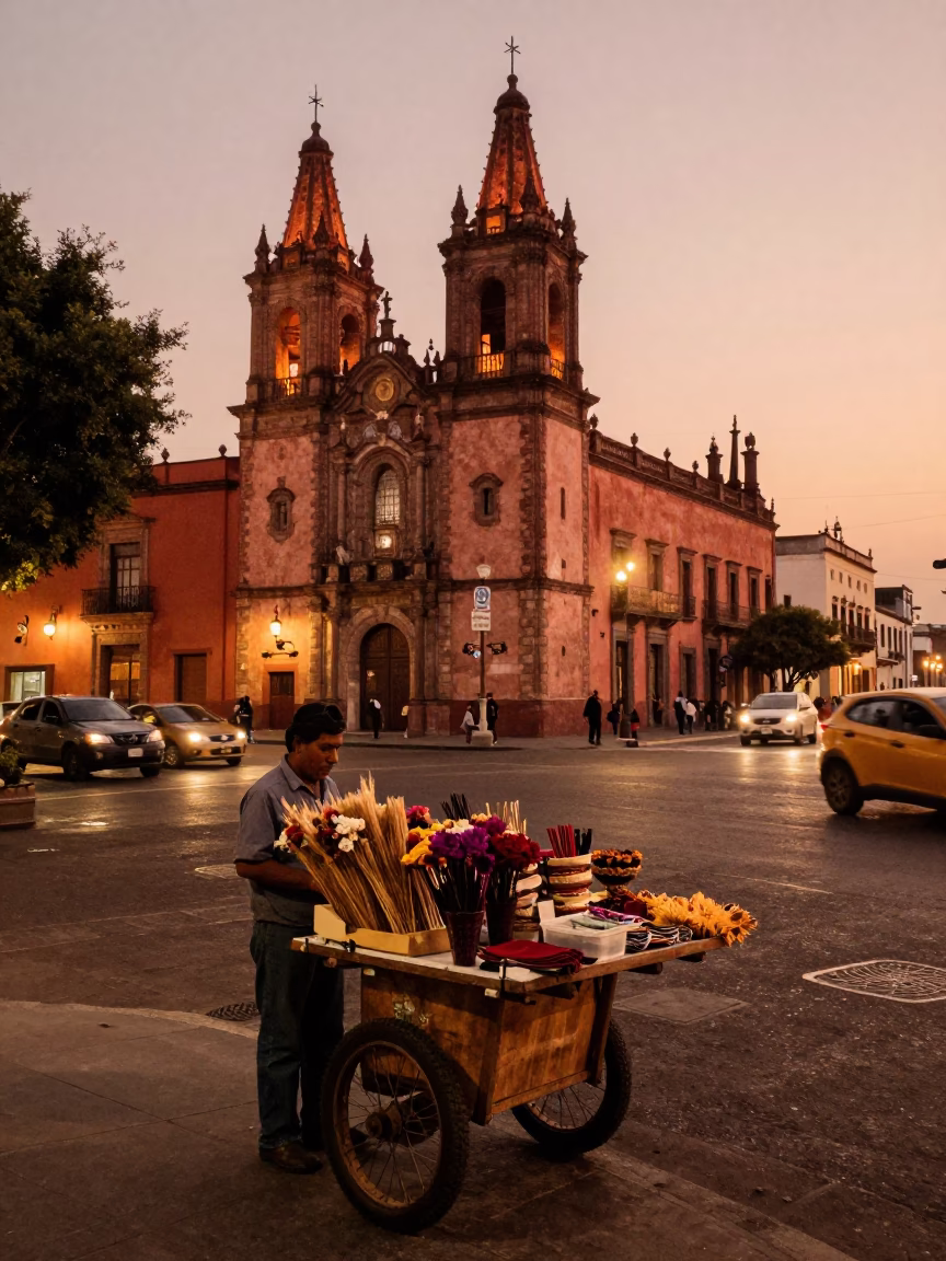 Copper Toned Dusk Light Over Mexico City Street Corner with Dried Flowers Display in in Mexico City, Mexico