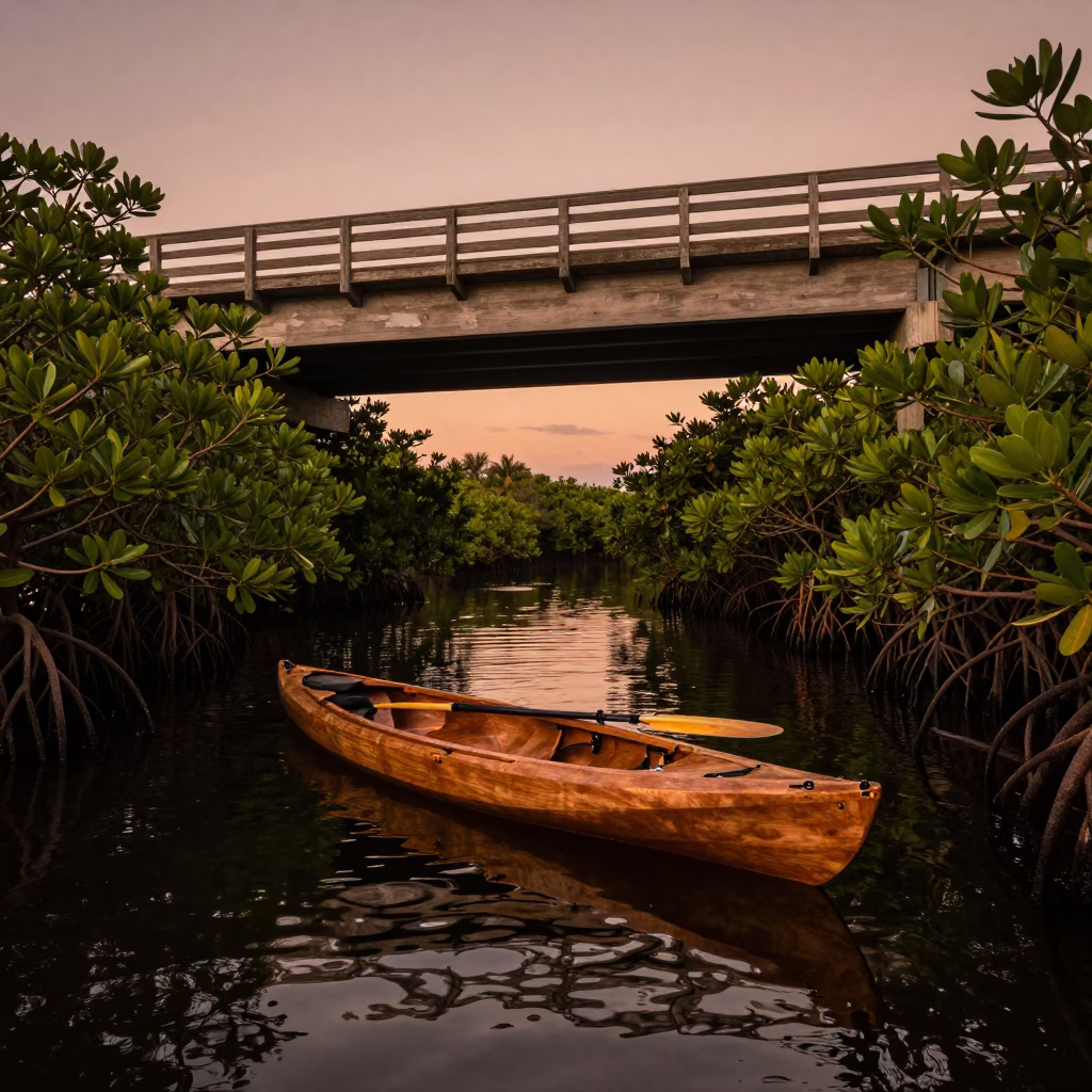 Copper-Toned Dusk Light Over Miami Florida Mangrove Kayak and Overpass Taillights in in Miami, Florida, United States