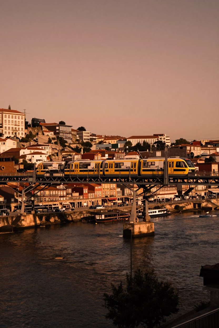 Copper Toned Dusk Light Over Porto River With Monorail Sweeping Above in in Porto, Portugal