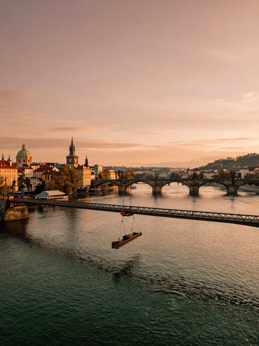 Copper-toned dusk light over Prague Vltava River with bridge maintenance cradle in in Prague, Czech Republic