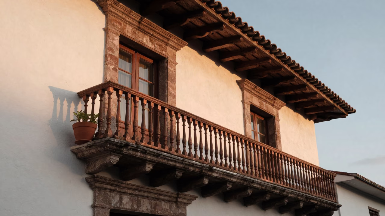 Copper Toned Dusk Light Over Quito Ecuador Colonial Balcony with Flowerpot in in Quito, Ecuador