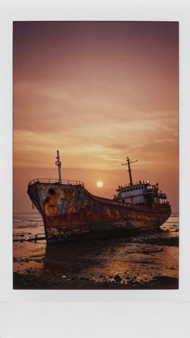Copper-toned dusk light over rusting ship beached on tidal flat in Kochi India in in Kochi, India