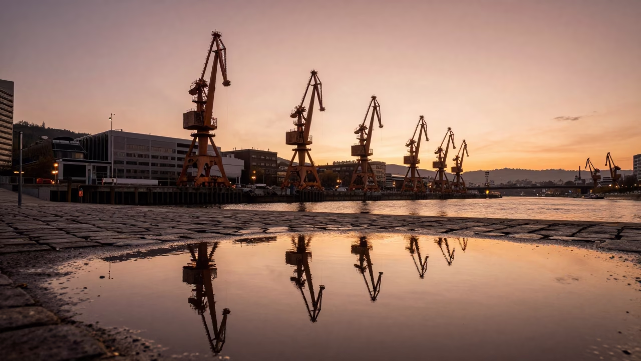 Copper-Toned Dusk Light Reflecting Industrial Cranes in Bilbao Harbor Puddle in in Bilbao, Spain