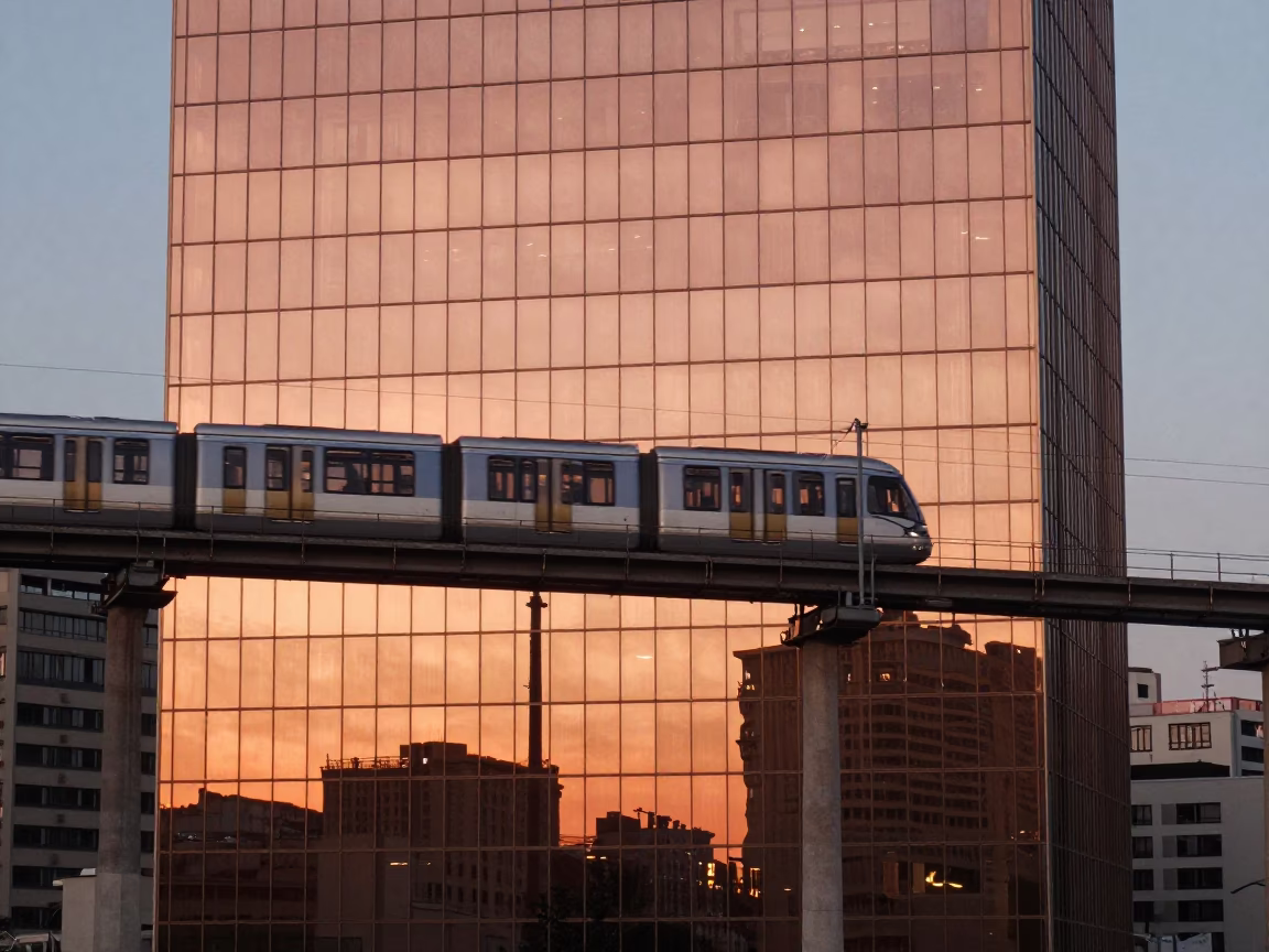 Copper-toned dusk light reflecting off Marseille monorail glass skyscraper facade in in Marseille, France