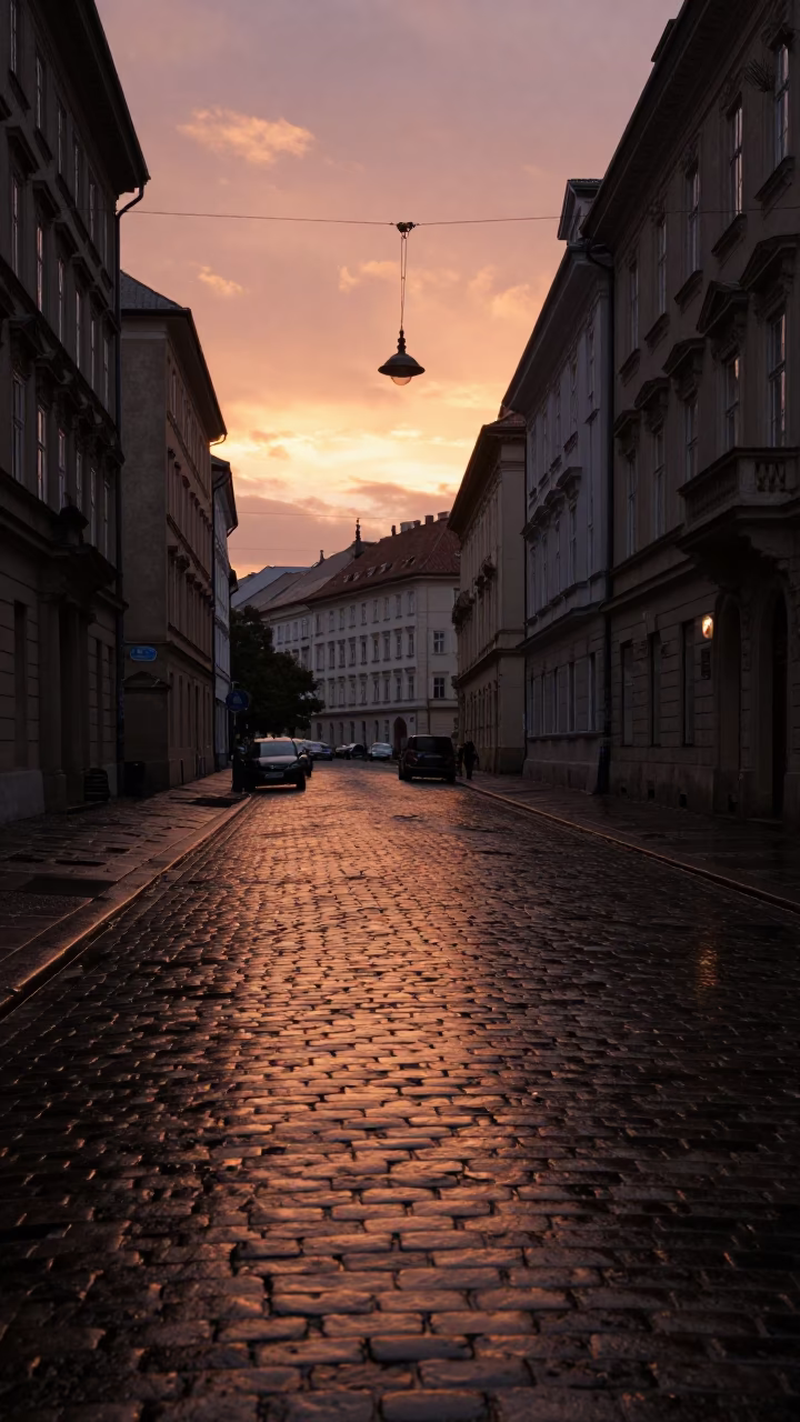 Copper-toned dusk light reflecting off wet cobblestones near Vienna's historic riverbank in in Vienna, Austria