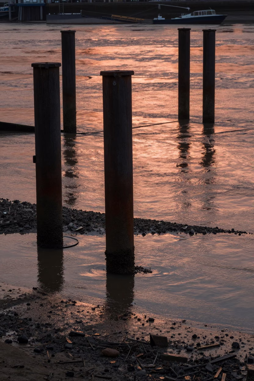 Copper-toned dusk light reflecting on London ferry ramp pilings and low tide riverbank in in London, United Kingdom
