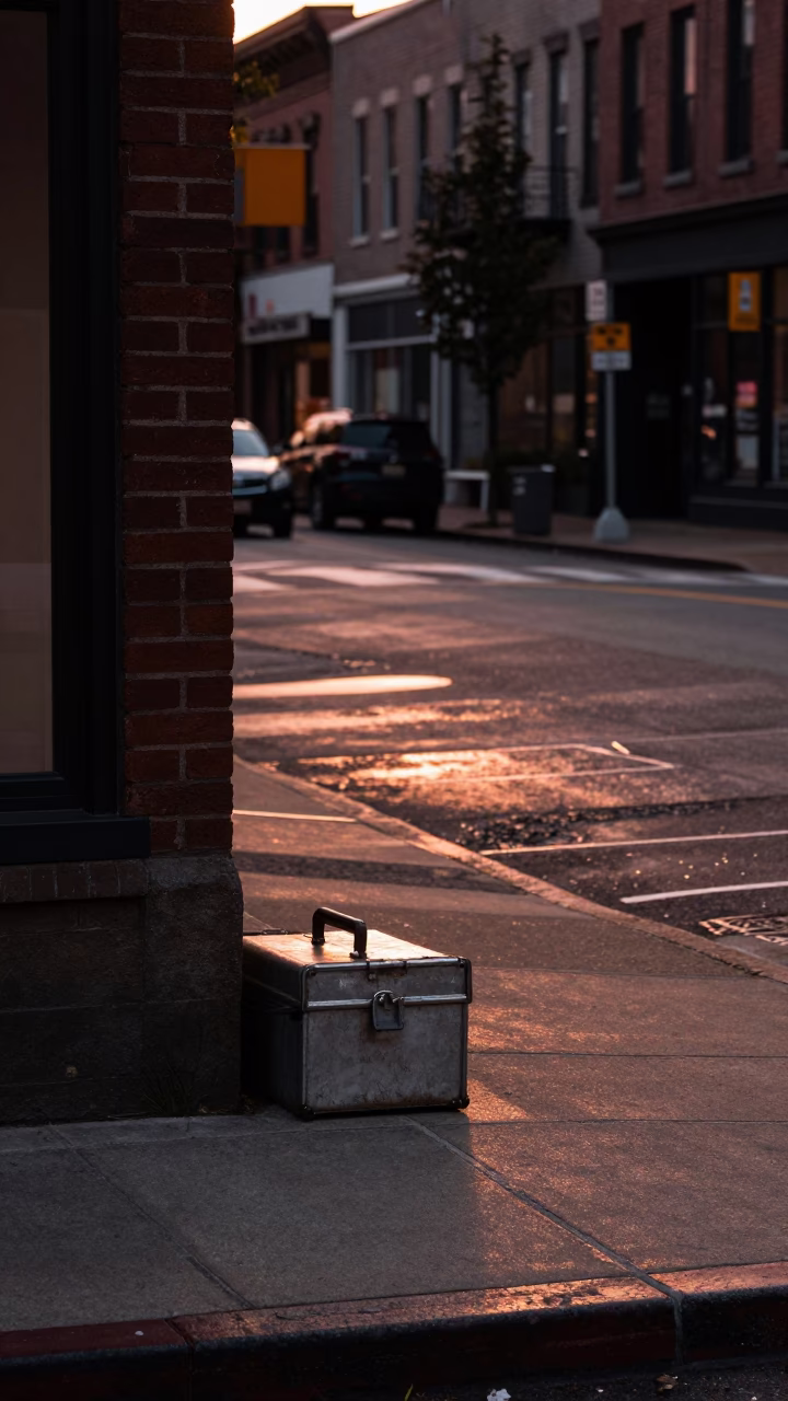 Copper Toned Dusk Light Reflecting on Portland Oregon Street Corner with Toolbox and Paintbrush in in Portland, Oregon, United States