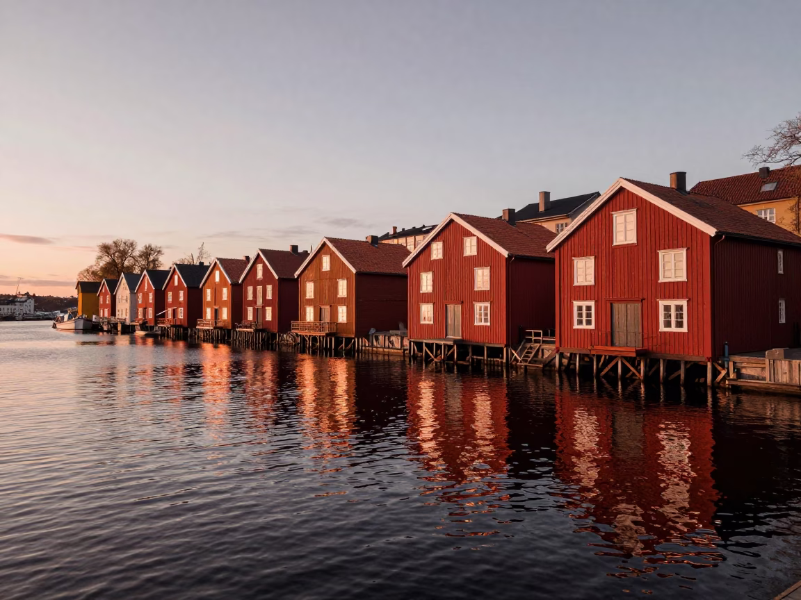 Copper-toned dusk light reflecting on Stockholm canal water near residential dockside in in Stockholm, Sweden