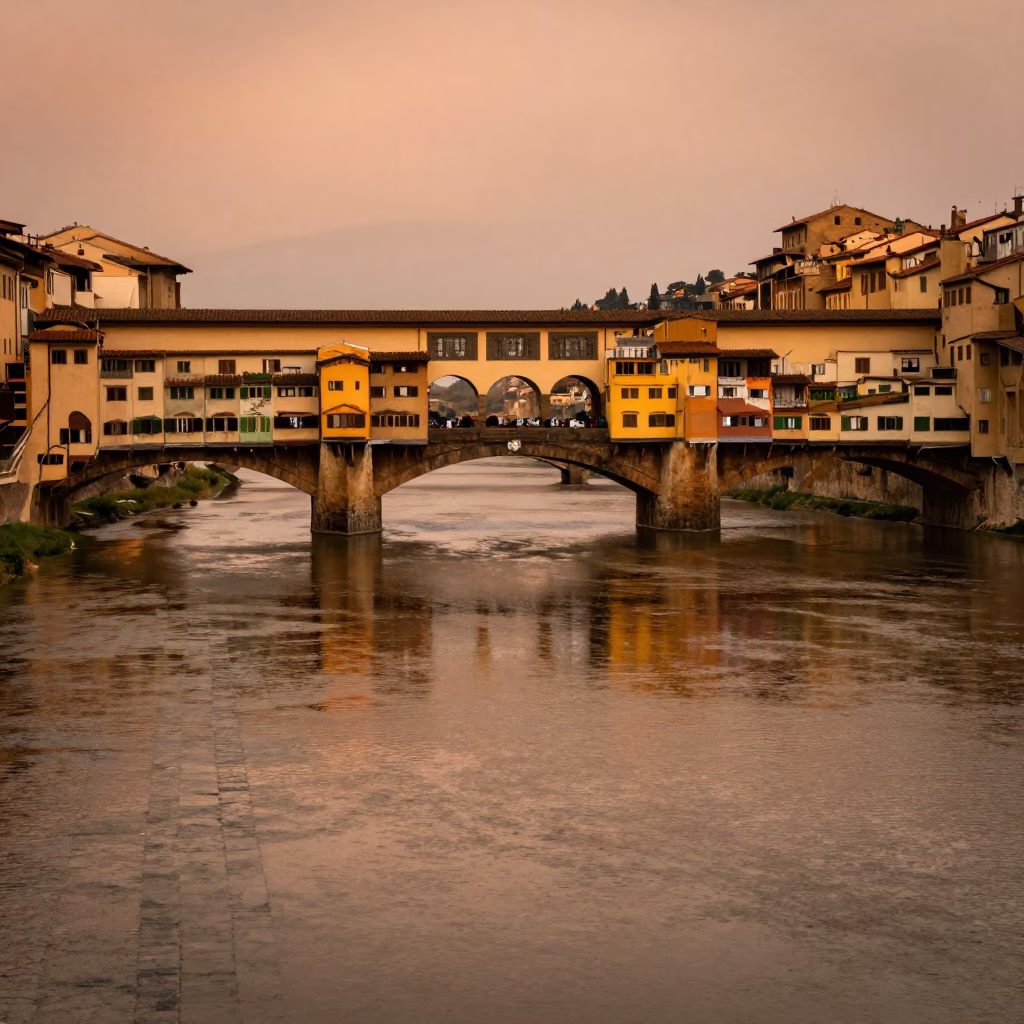 Copper-toned dusk light reflecting on wet cobblestones near Florence Ponte Vecchio with tramcar in in Florence, Italy