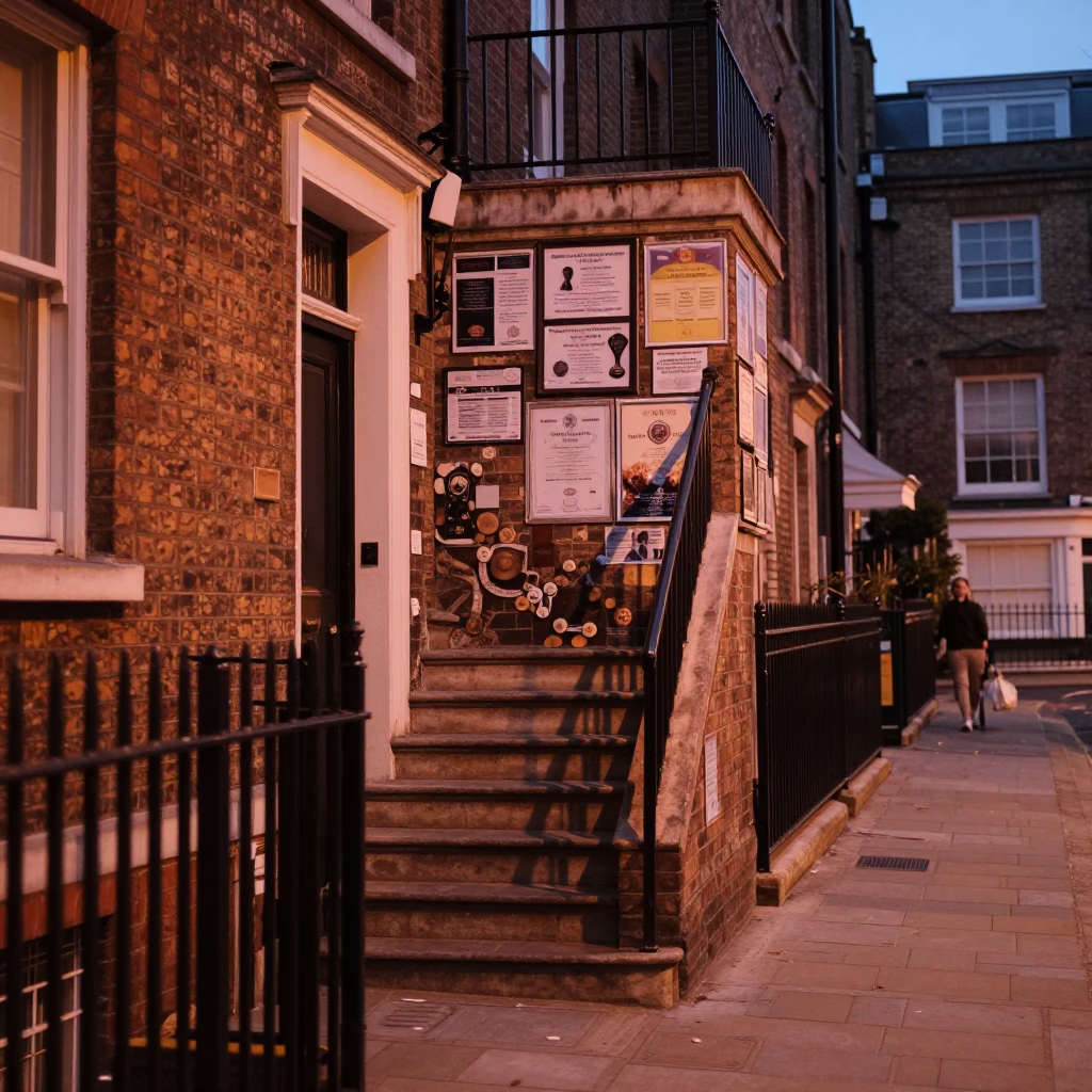 Copper Toned Dusk London Street Scene with School Staircase and Ceramic Cup in in London, United Kingdom