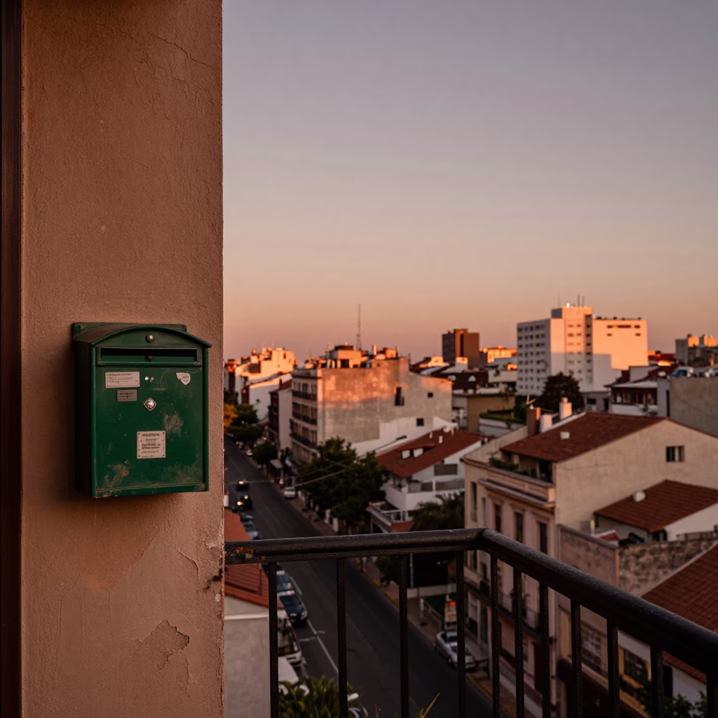 Copper-Toned Dusk on a Buenos Aires Balcony with Mailbox and Doorframe in in Buenos Aires, Argentina