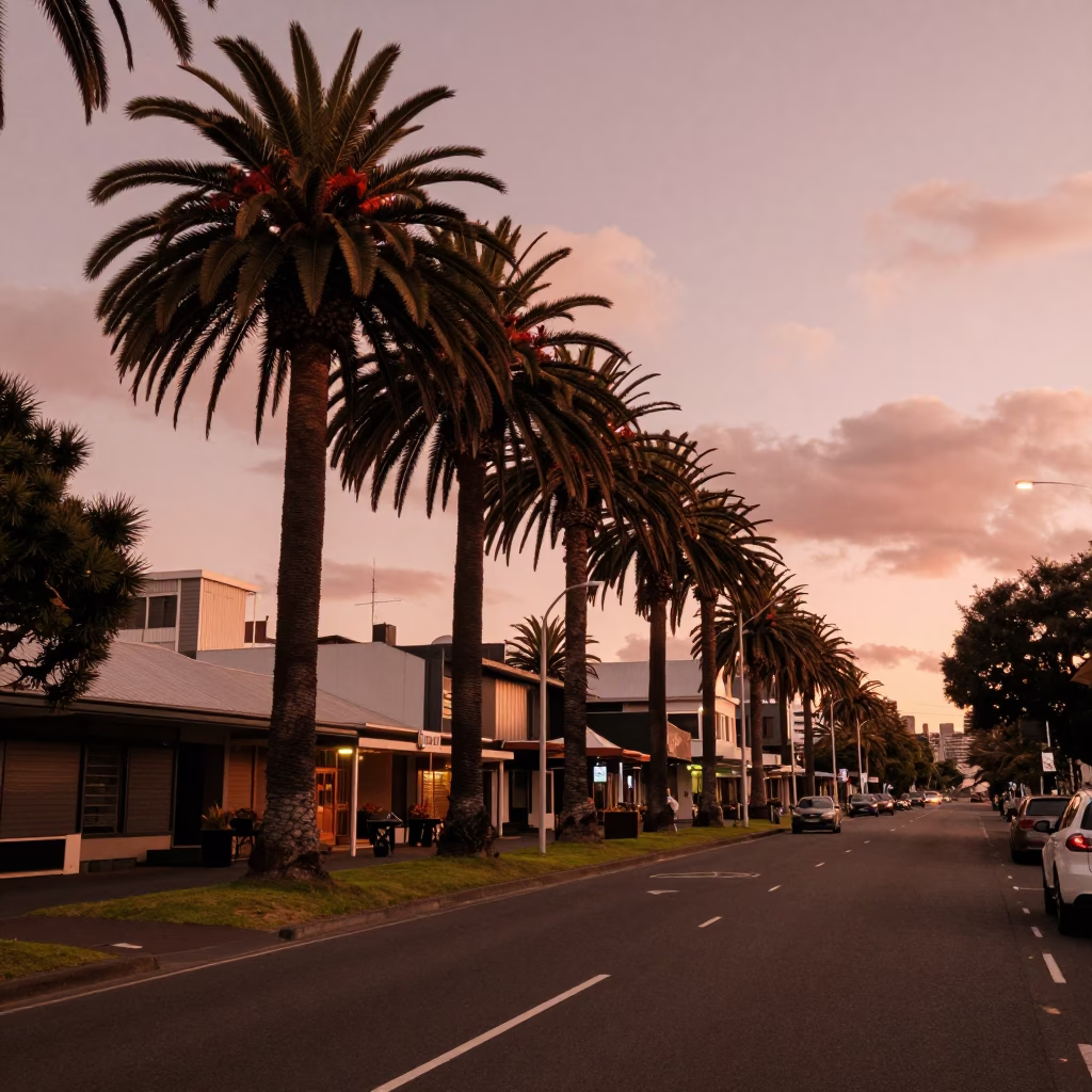Copper-Toned Dusk on Auckland Boulevard with Palm Tree Avenue and Vintage Street Scene in in Auckland, New Zealand