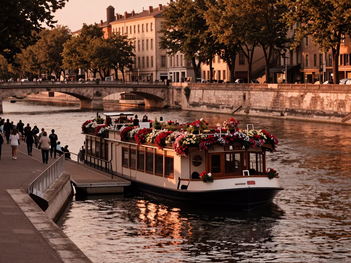 Copper-toned dusk on Lyon Saone River with Houseboat Flower Garden and Canal Barge in in Lyon, France