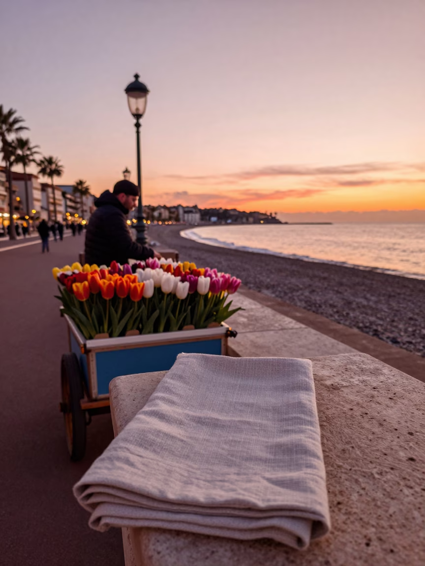 Copper-toned Dusk on Nice Promenade with Linen Napkin and Tulip Market Stall in in Nice, France