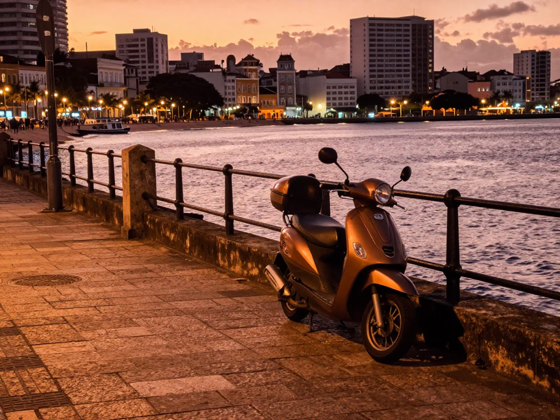 Copper-Toned Dusk on Salvador Brazil Harbor Promenade with Parked Scooter and Local Life in in Salvador, Brazil