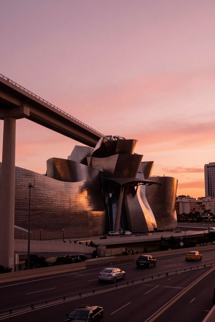 Copper-toned dusk over Bilbao highway flyover stack and Guggenheim museum architecture in in Bilbao, Spain