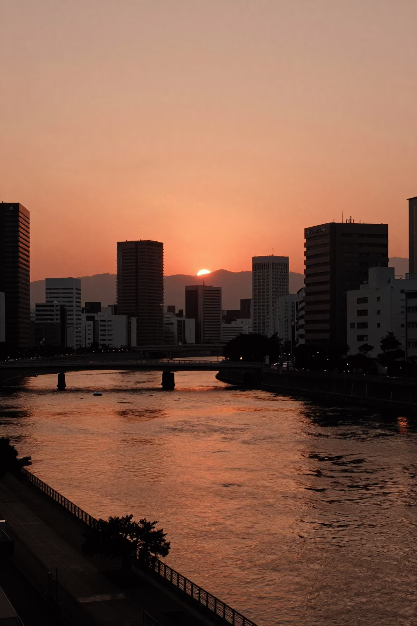 Copper-toned dusk over Fukuoka city skyline and Naka River with street food vendors in in Fukuoka, Japan