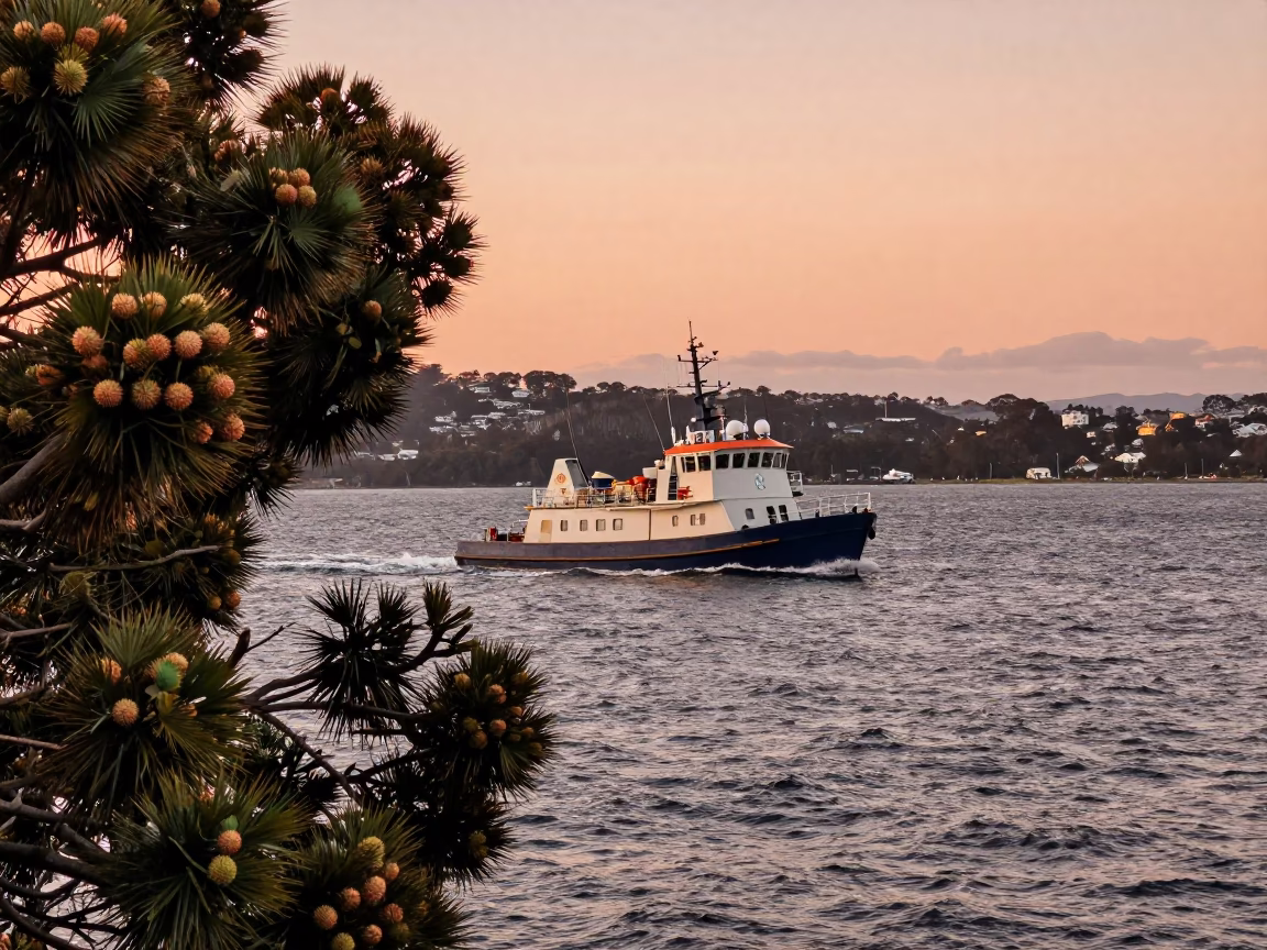Copper-toned dusk over Hobart harbor with pilot boat and chestnut tree in in Hobart, Tasmania, Australia
