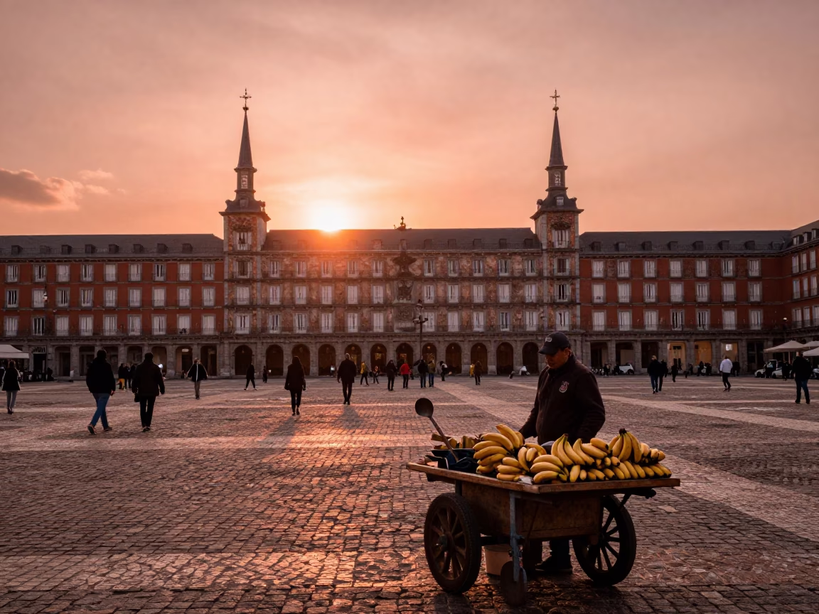 Copper-toned dusk over Madrid Spain plaza with bananas and ladle in in Madrid, Spain