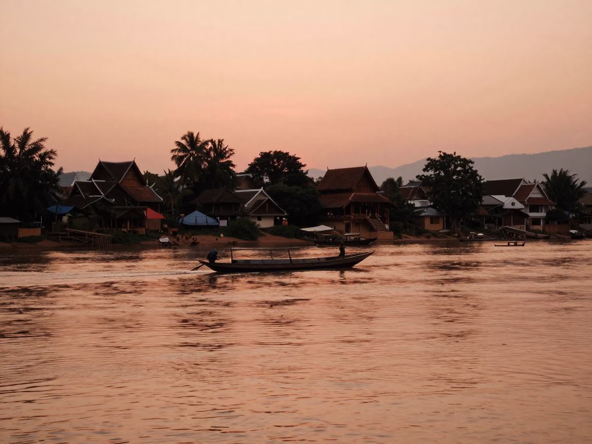 Copper Toned Dusk Over Mekong River and Traditional Laotian Wooden Houses in Luang Prabang in in Luang Prabang, Laos