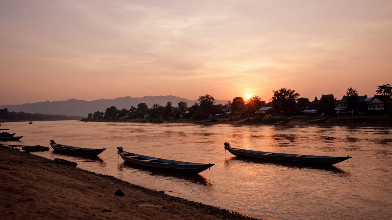 Copper Toned Dusk Over Mekong River And Traditional Wooden Boats In Luang Prabang Laos in in Luang Prabang, Laos