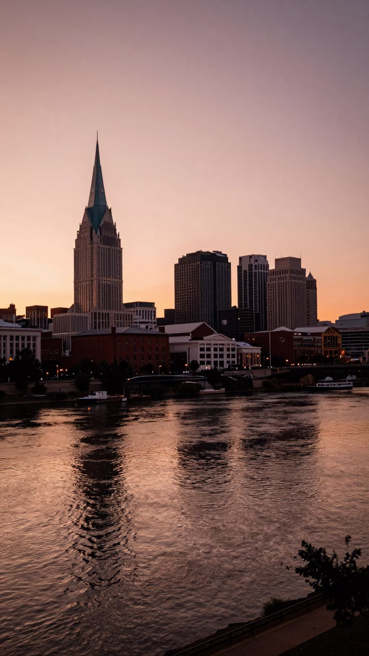 Copper-Toned Dusk Over Nashville Tennessee Riverfront with Historic Architecture and Urban Skyline in in Nashville, Tennessee, United States
