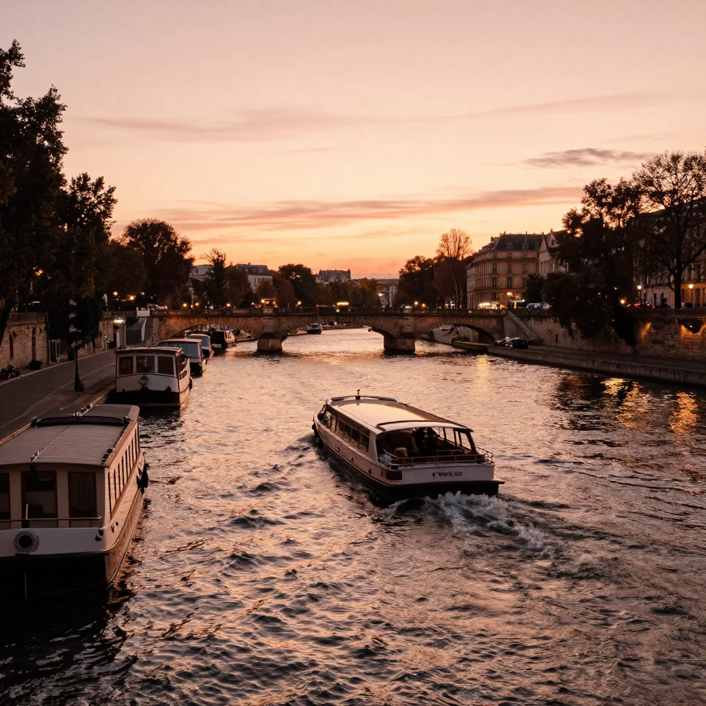 Copper Toned Dusk Over Parisian Canal with Water Taxi and Houseboats in in Paris, France
