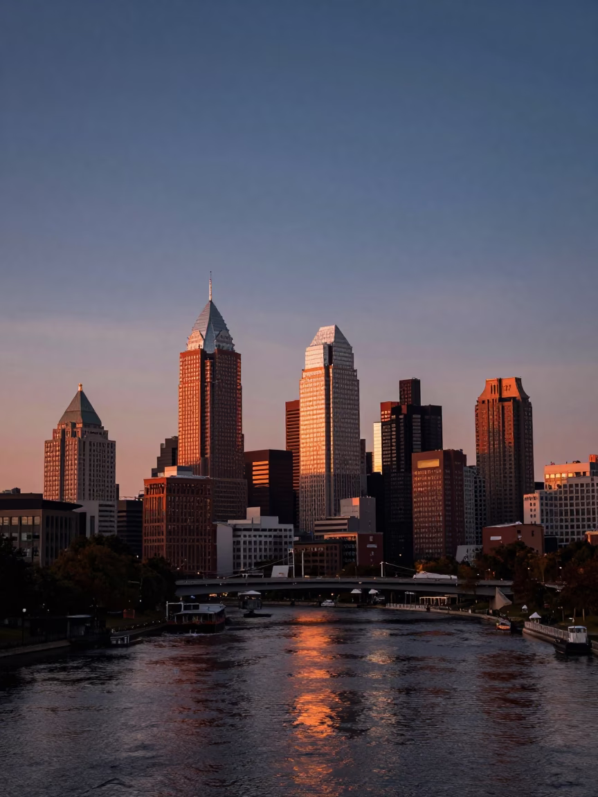 Copper-Toned Dusk Over Philadelphia Pennsylvania Skyline and Riverfront in in Philadelphia, Pennsylvania, United States