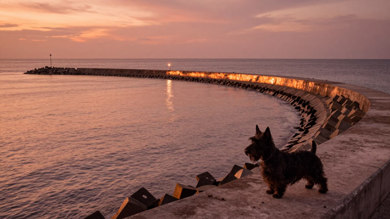 Copper-toned dusk over Phuket harbor breakwater with Scottish Terrier and vintage street scene in in Phuket, Thailand