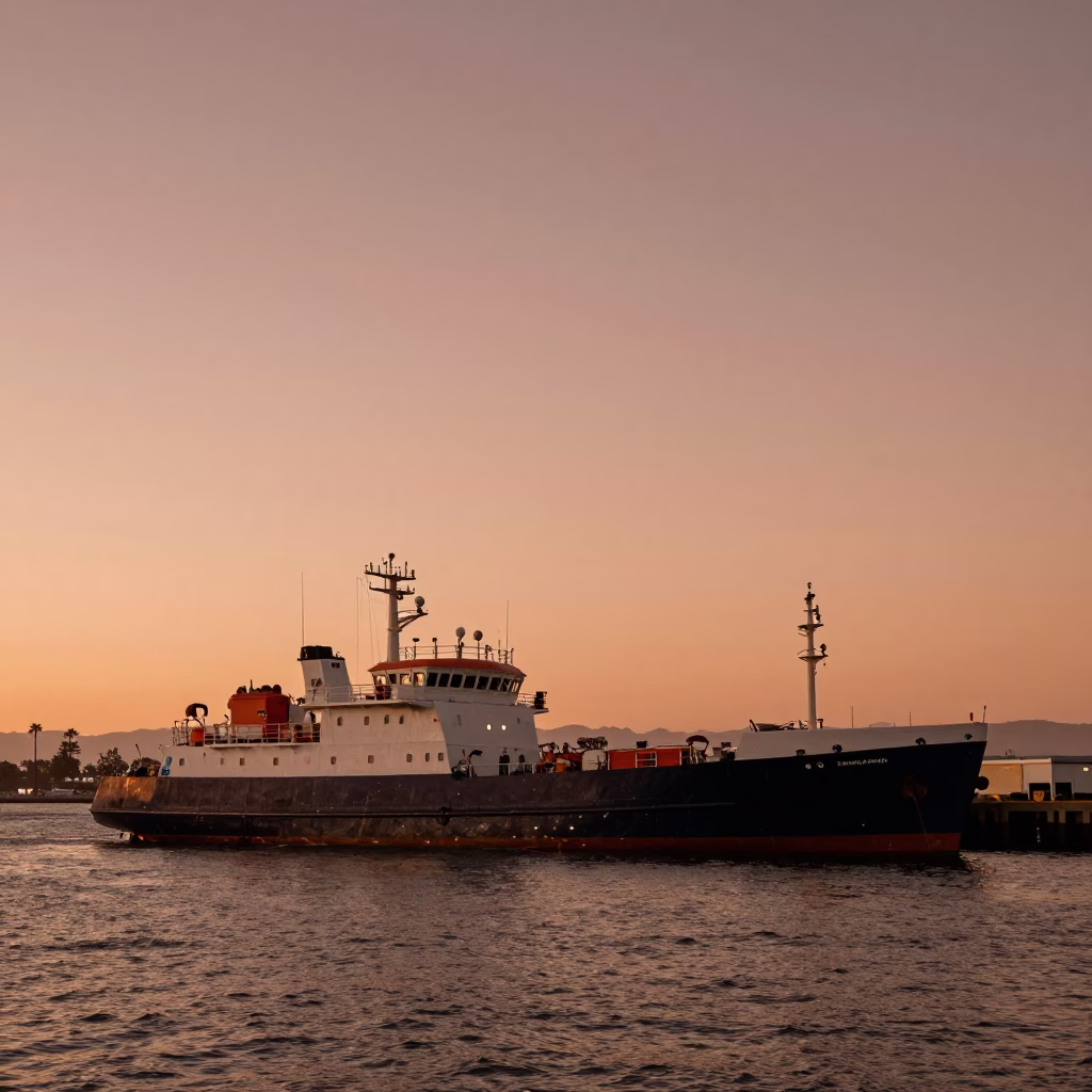 Copper-Toned Dusk Over San Diego Harbor With Research Vessel and Jacaranda in in San Diego, California, United States