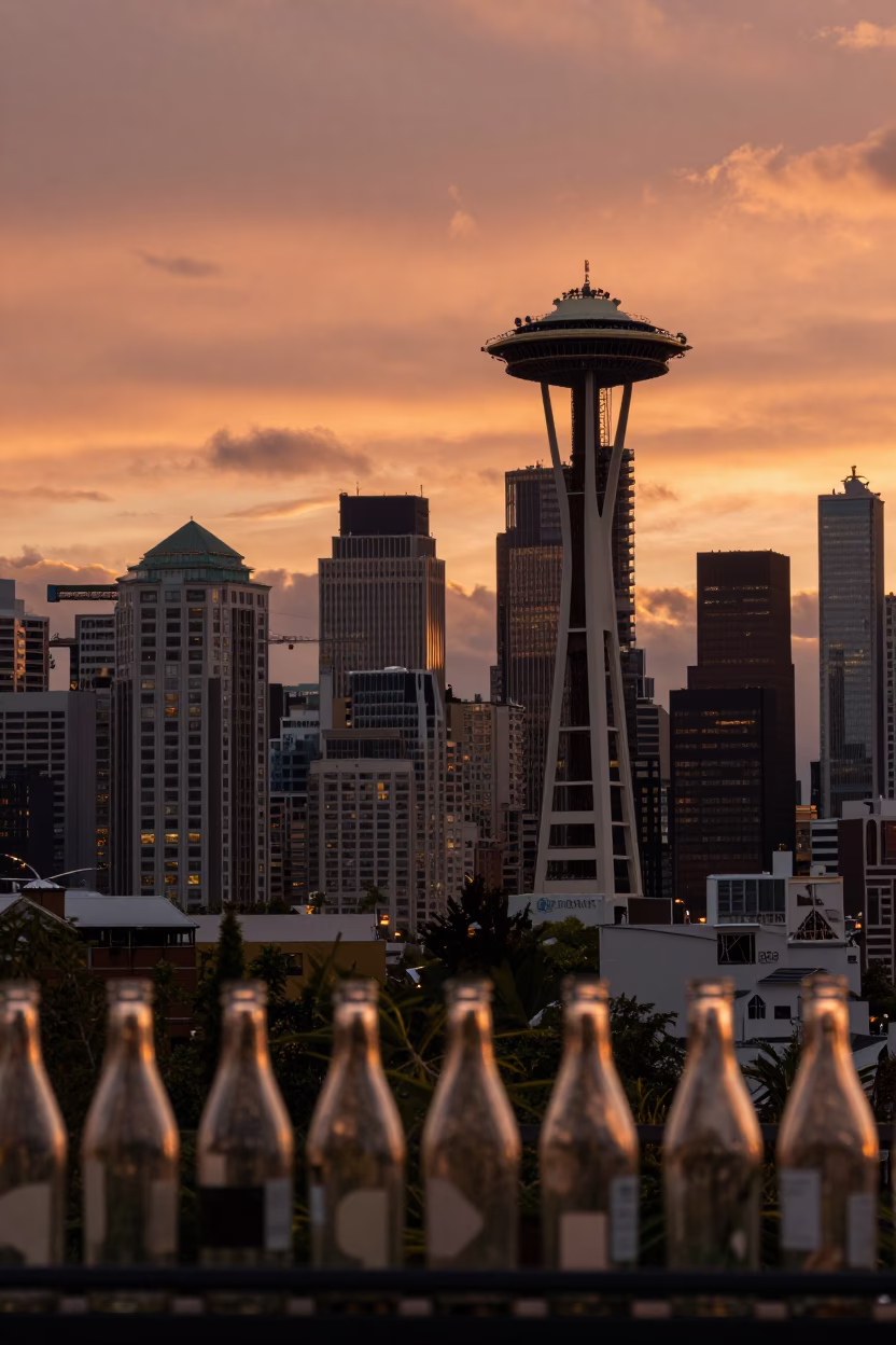 Copper Toned Dusk Over Seattle Skyline With Glass Bottles and Wooden Tray in in Seattle, Washington, United States