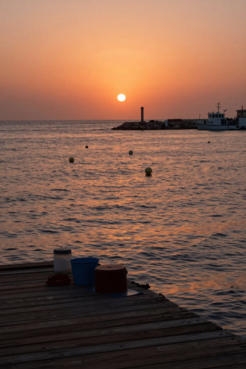 Copper Toned Dusk Over Tunis Harbor With Fishing Floats And Rattan Stool in in Tunis, Tunisia