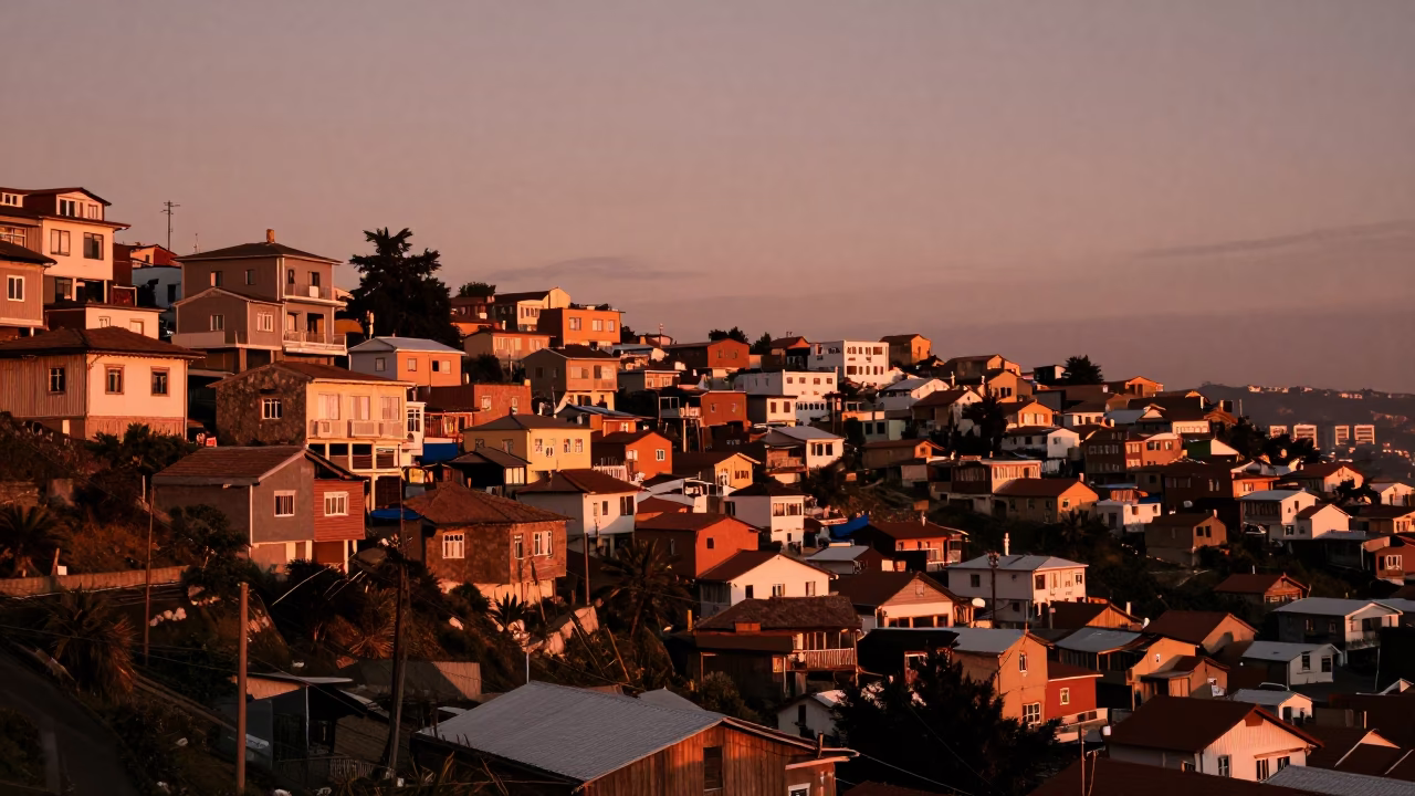 Copper-toned Dusk Over Valparaiso Chile Historic Hillside Neighborhood Horizon View in in Valparaiso, Chile